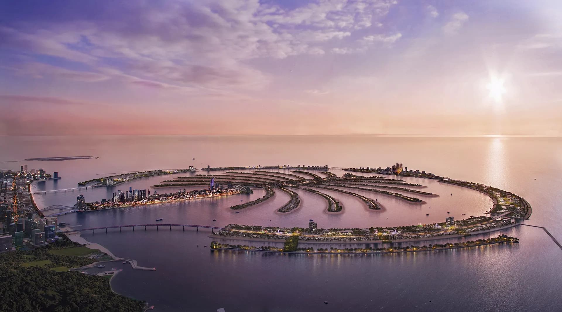 Palm Jebel Ali master plan aerial rendering with 16 fronds